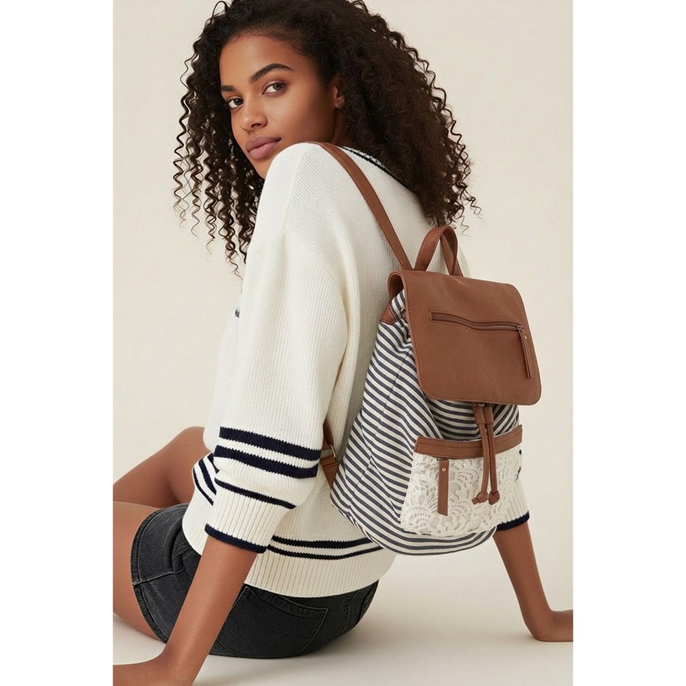 Madden Girl Striped Canvas Backpack Blue White Lace Brown Faux‎ Leather Boho Bag